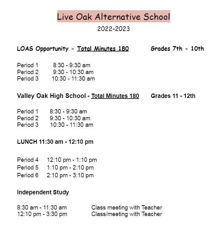 Live Oak Academy Bell Schedule Ta Neill